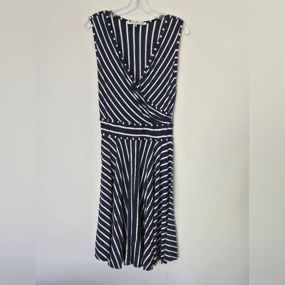 Max Studio Navy and White Striped Midi Dress
